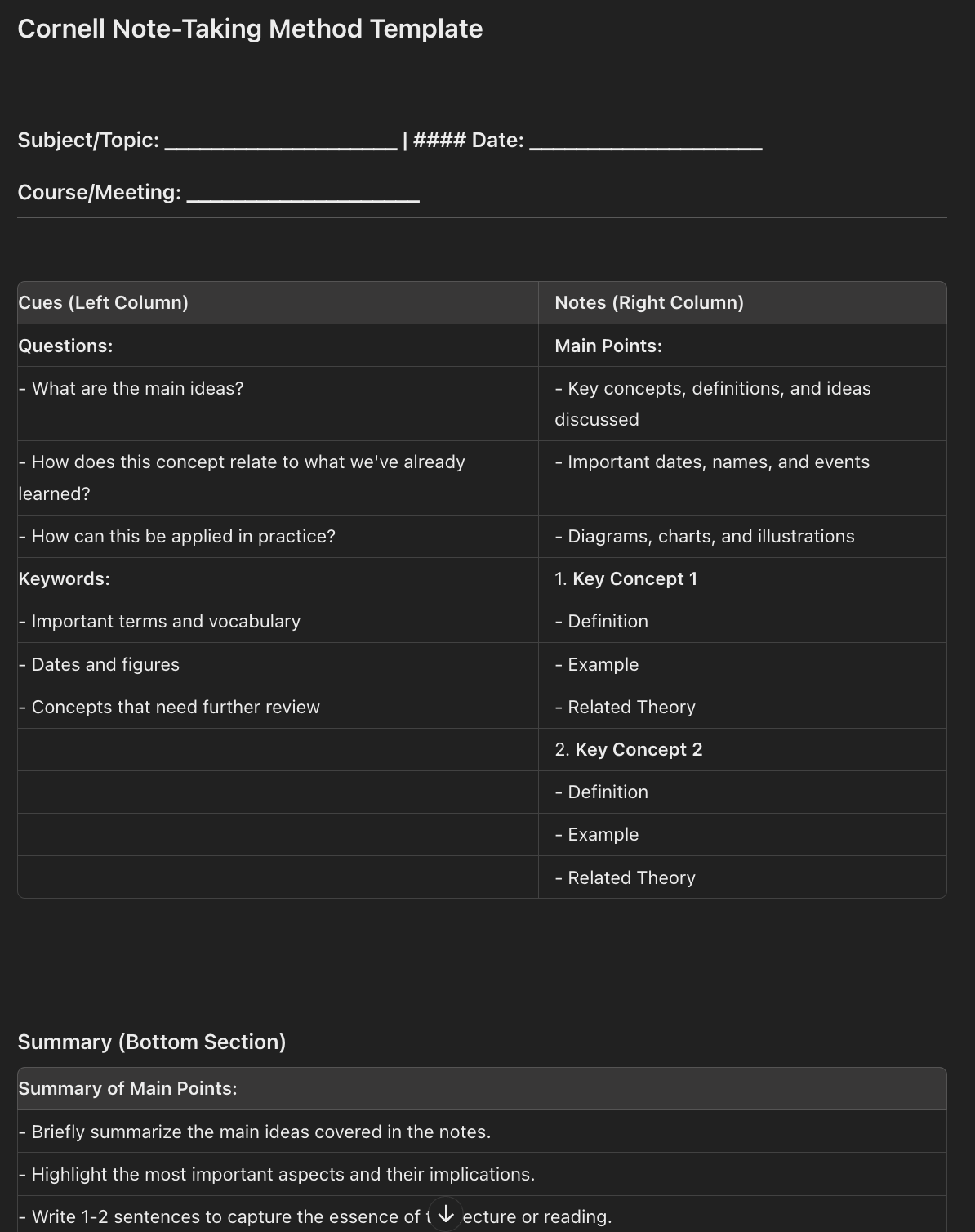 phases of note taking Cornell Template
